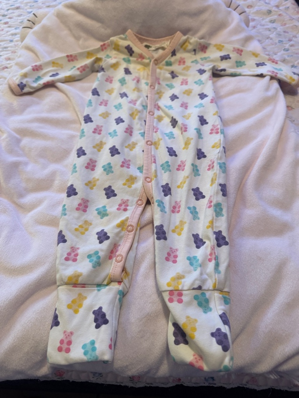 Unbranded Pastel Bear Print Footed One-Piece in White with Pink Trim